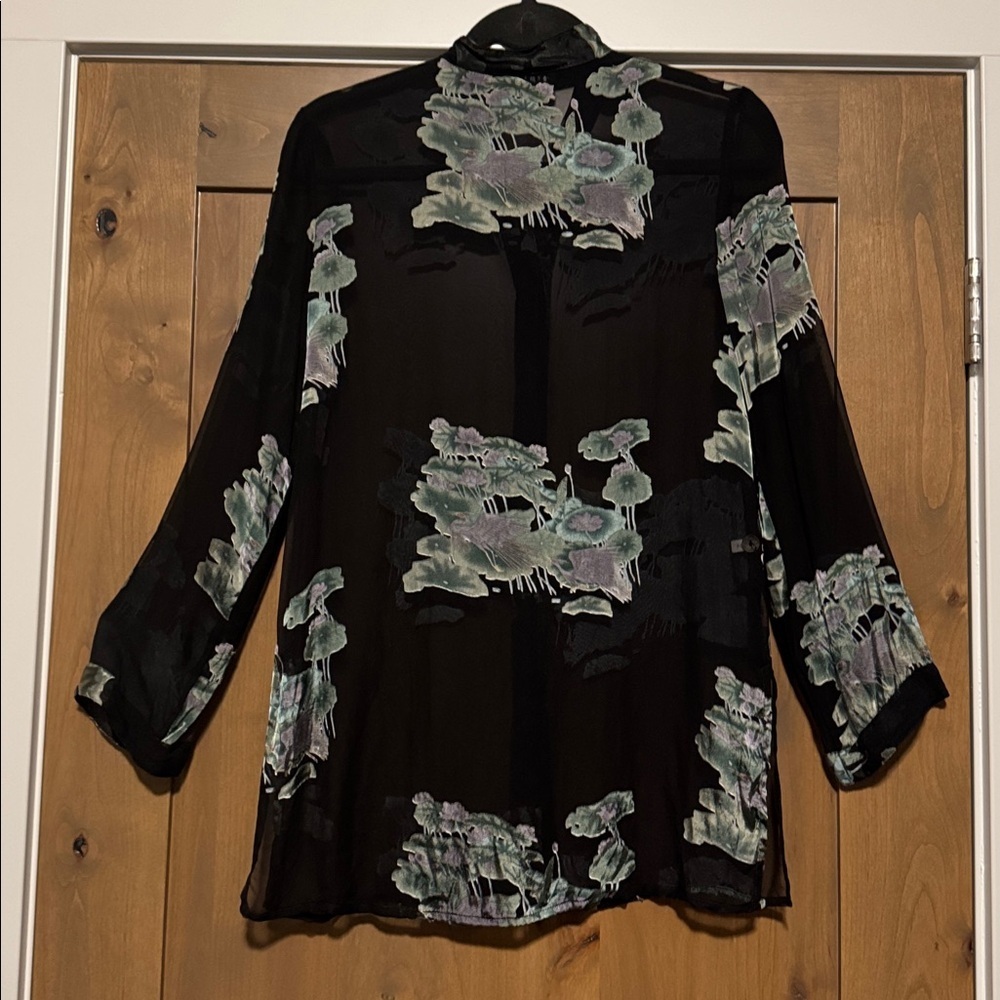 Citron Santa Monica Silk Blend Tunic Blouse Top Womens XS Burnout dark floral - Picture 2 of 14